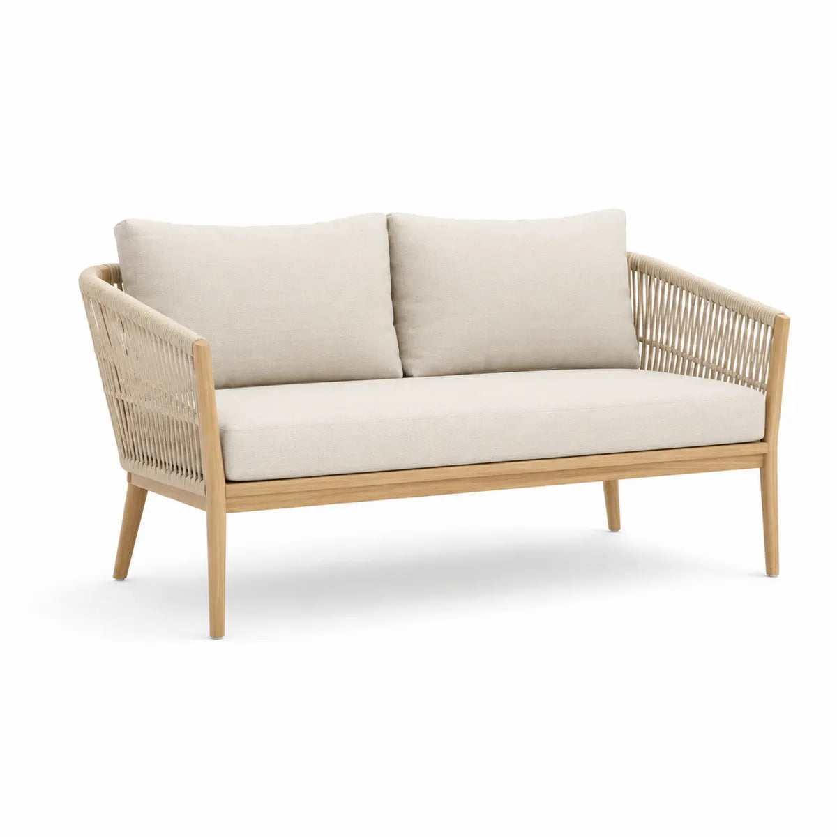 Sofa 2-osobowa beżowa drewno tekowe i poliester 130cm