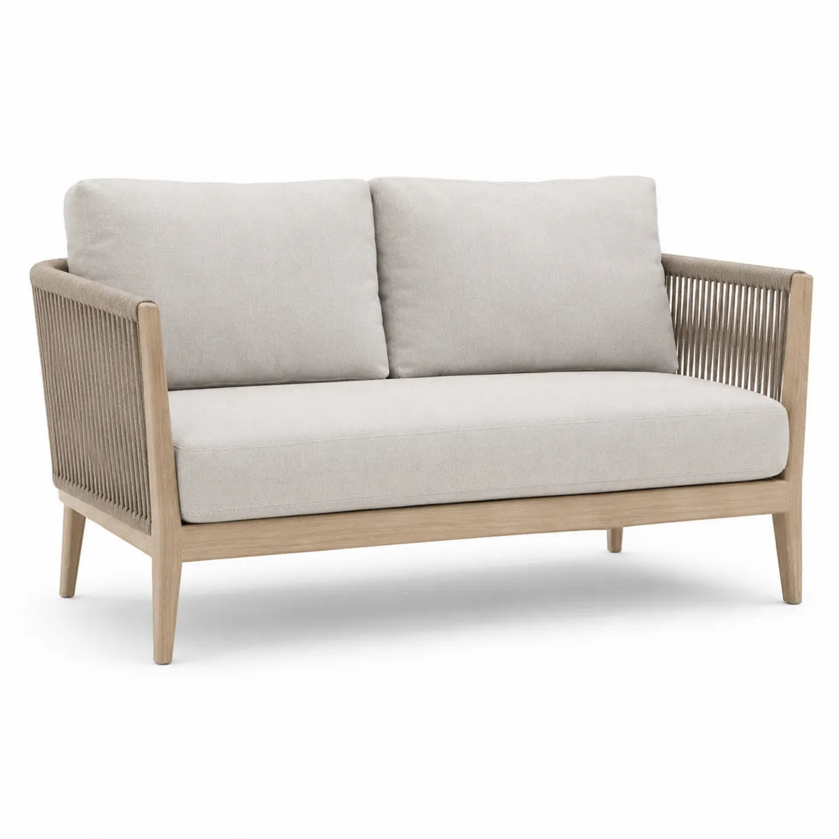 Dwuosobowa sofa z tkaniny poliestrowej i drewna teak, beżowa