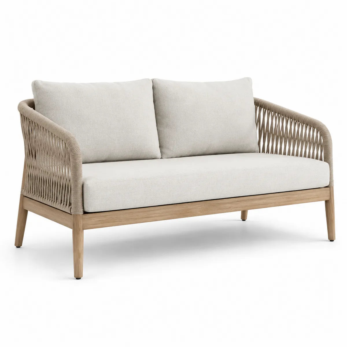 Sofa dwuosobowa zewnętrzna beżowa drewno teak poliester