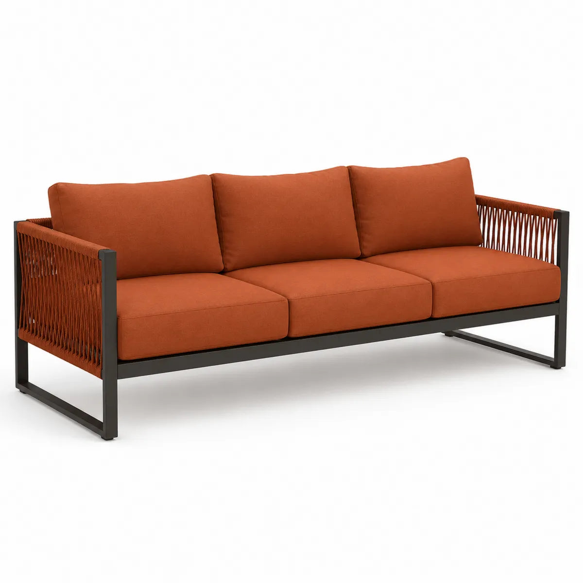Sofa aluminiowa z pomarańczowymi poduszkami 3-osobowa