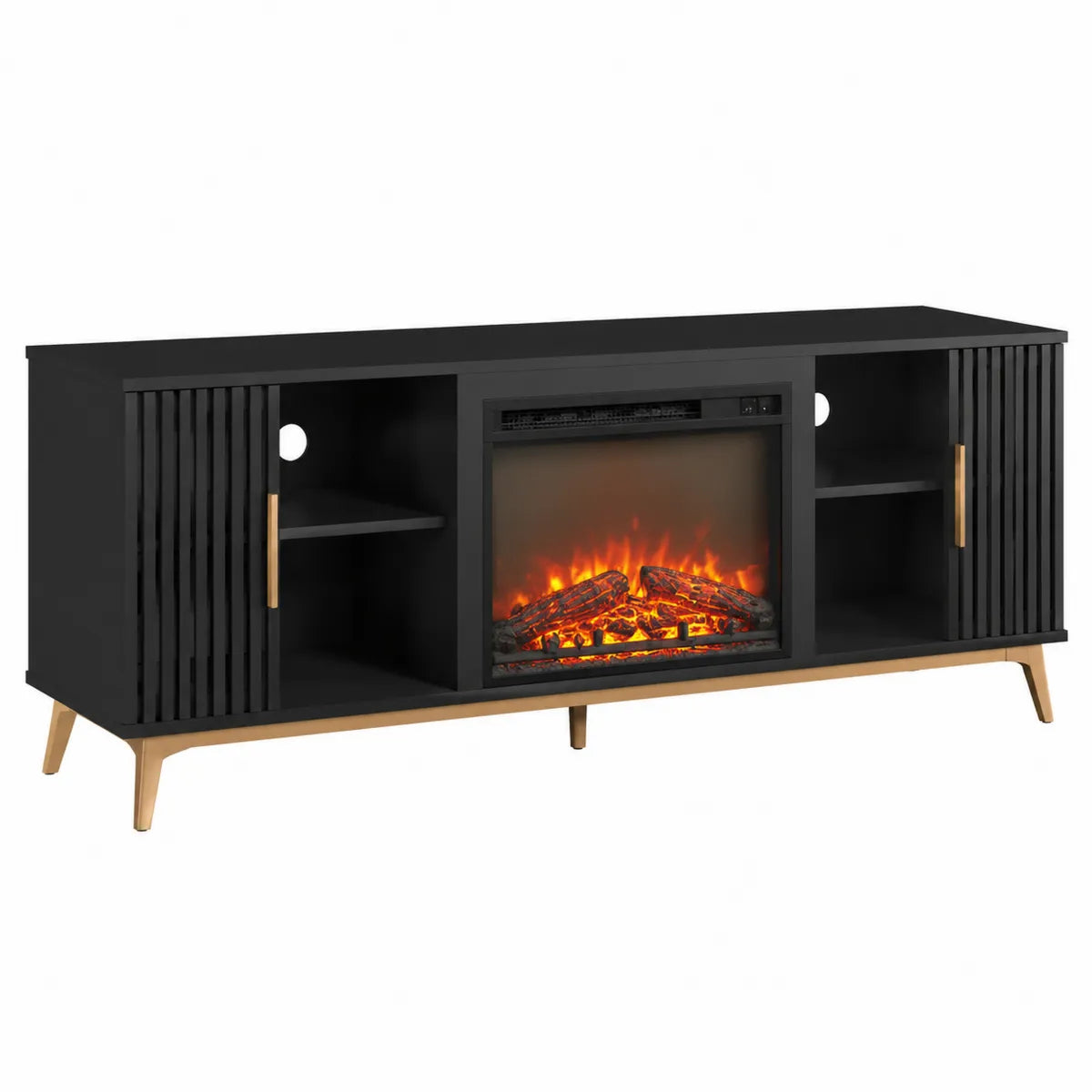 Czarna szafka RTV z kominkiem elektrycznym, MDF i metal, 152 cm