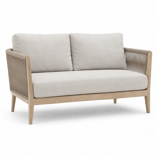 Dwuosobowa sofa z tkaniny poliestrowej i drewna teak, beżowa