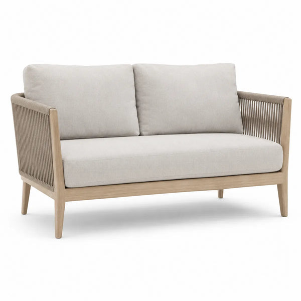 Dwuosobowa sofa z tkaniny poliestrowej i drewna teak, beżowa