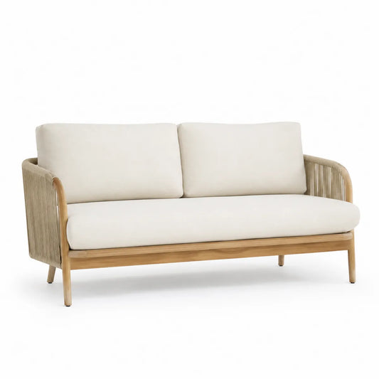 Sofa 3-osobowa z drewna tekowego i sznurka, beżowa, 180x75x70 cm