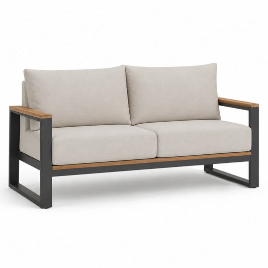 Dwuosobowa sofa ogrodowa tkanina akrylowa stalowa rama dębowe podłokietniki
