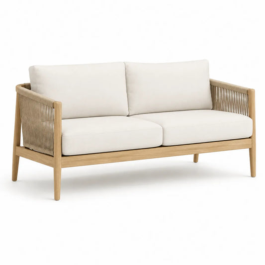 Sofa dwuosobowa z drewna i liny syntetycznej, beżowa