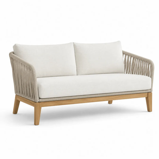 Sofa ogrodowa 2-osobowa beżowa drewno teak i poliester