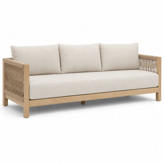 Sofa ogrodowa beżowa tkanina drewno akacjowe
