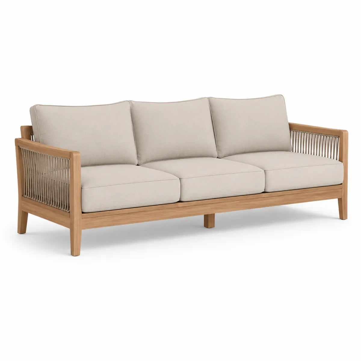 Trzyosobowa sofa z drewnianą ramą i poduszkami z poliestru