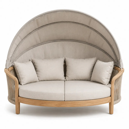 Ogródkowa sofa z baldachimem beżowa drewno teak poliester