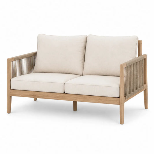 Dwuosobowa sofa ogrodowa z drewna akacjowego i sznurka, 140x75x78 cm, beżowa
