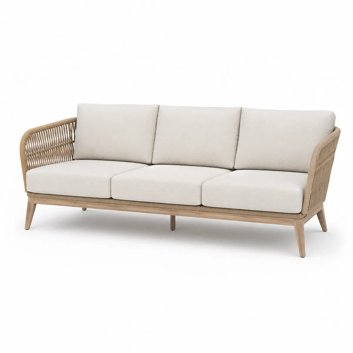 Sofa z rattanu i drewna, 3-osobowa, beżowa, 210x85x75 cm