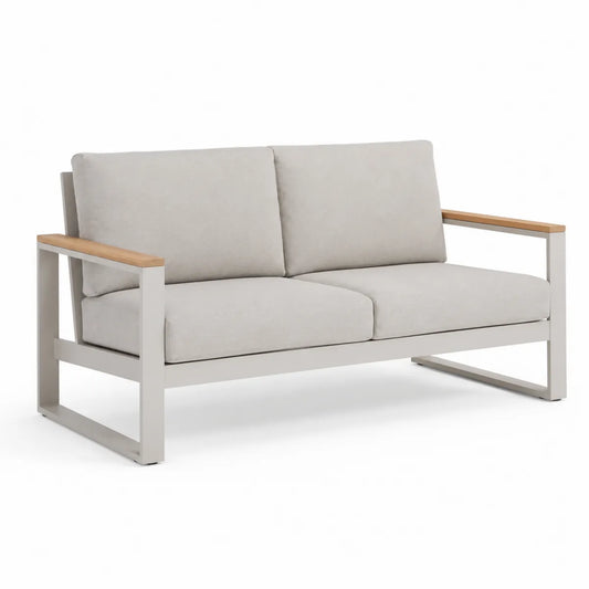 Sofa z aluminium z poduszkami z poliestru, podłokietniki drewniane, kremowa