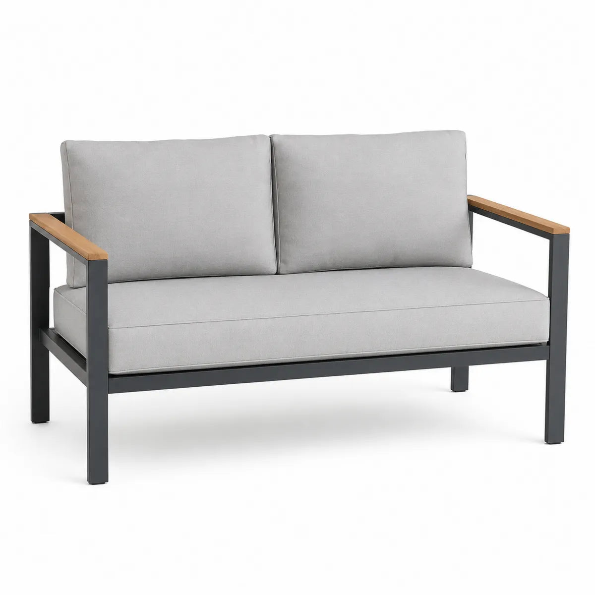Sofa ogrodowa dwuosobowa szara z metalowym stelażem i drewnianymi podłokietnikami