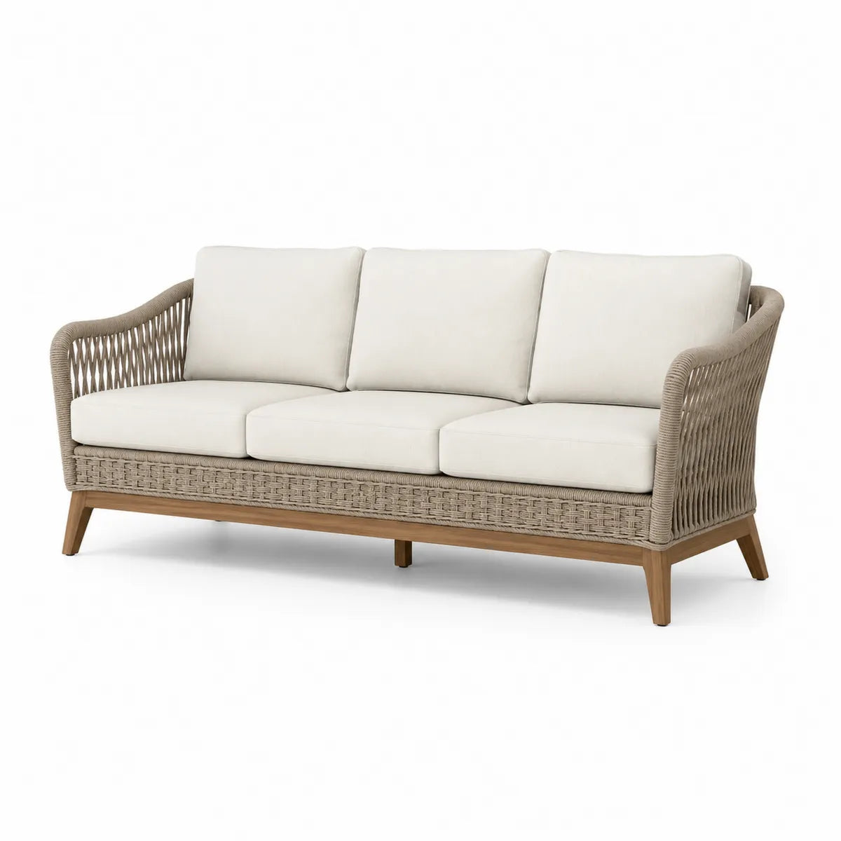 Sofa trzyosobowa lina poliestrowa beżowa drewno teak